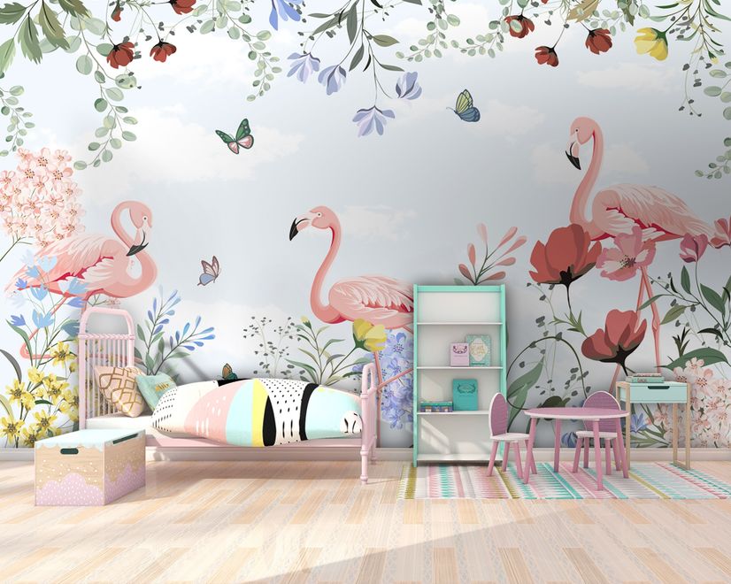 Fototapete Flamingo mit bunten Blumen