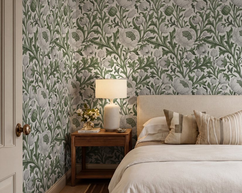 Sage green botanical floral wallpaper with white poppy flowers, lobed leaves and dotted seed centres
