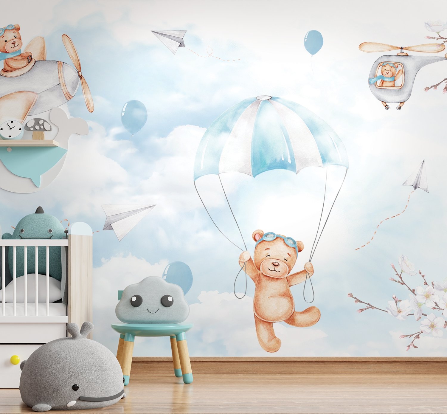 Cute Bear Flying with Paper Planes Wallpaper Mural - Peel and Stick