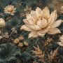 Ivory lotus flowers and seed pods on charcoal teal lily pads in a botanical lotus wallpaper mural