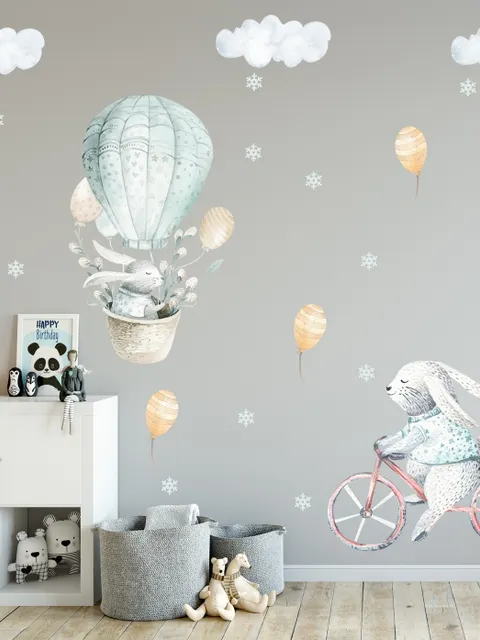 Kids Cartoon Rabbit with Balloons and Snowflake Wall Decal Sticker