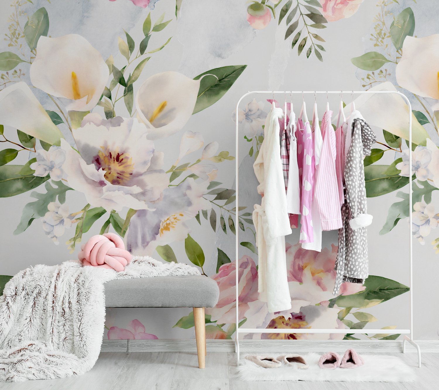Watercolor White Pink Floral Bouquet Wallpaper Mural - Peel and Stick