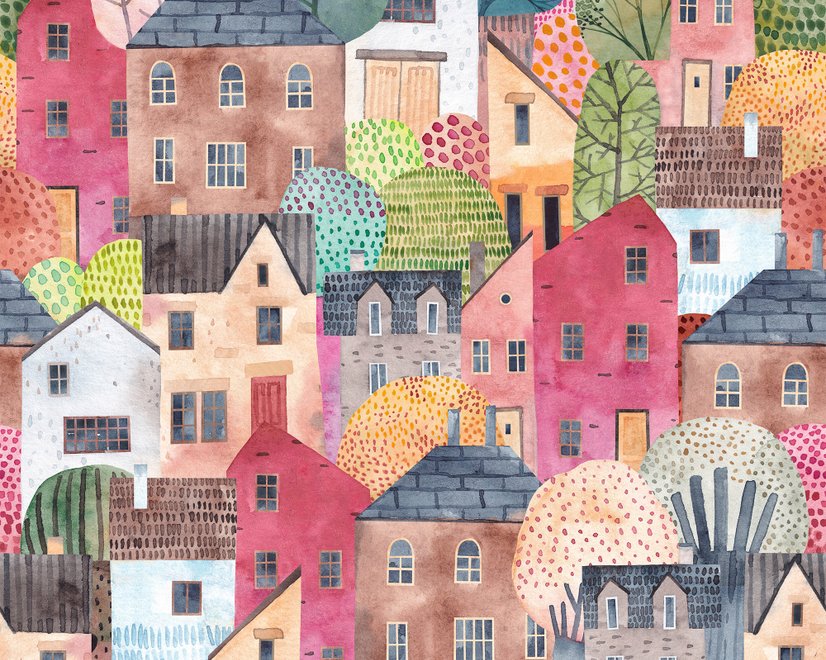Papier peint aquarelle ville mignonne enfants