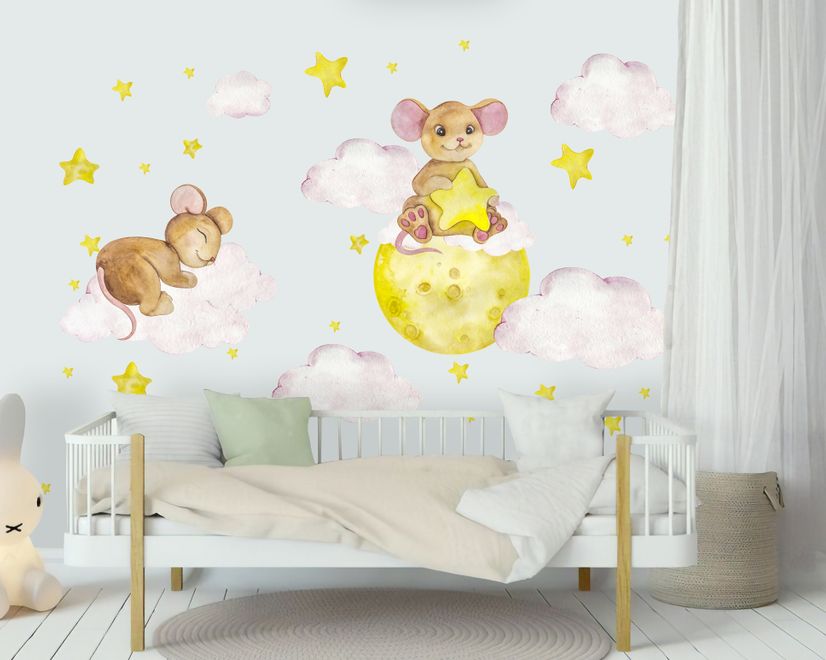 Kids Watercolor Mouse on the Yellow Moon with Little Stars Wall Decal Sticker