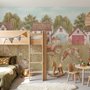 Watercolour rustic farmhouse wallpaper mural with horse, cow, llama, dog, tractor and cottage barns in a wheat meadow