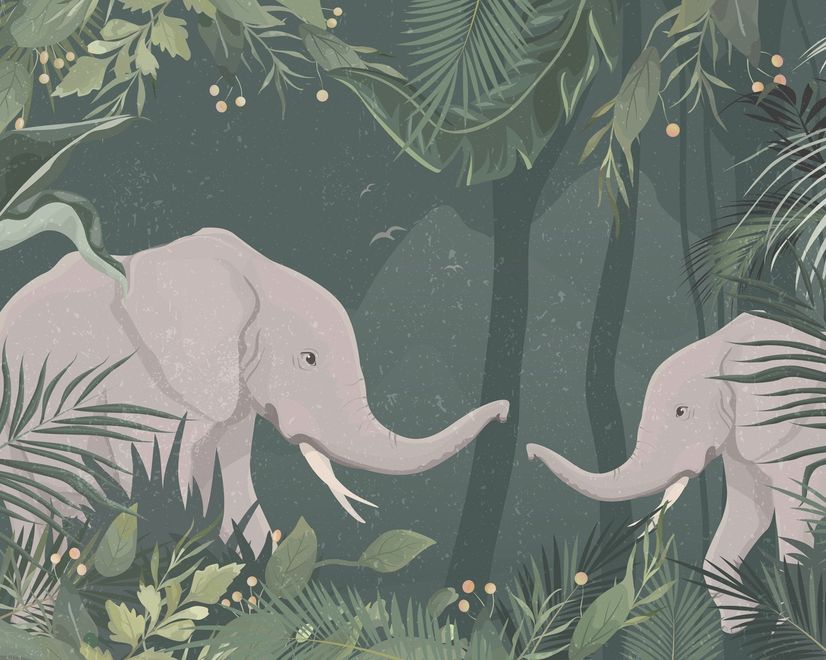 Cute Elephants on The Tropical Jungle Kids Wallpaper Mural