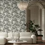 Vintage Japanese tree nature wallpaper with blue-grey canopies, willow foliage, birds and ivory-cream ground