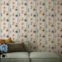 Cartoon wallpaper with rabbits, mice, a crowned fox and lambs in costumes between wavy blue stripes