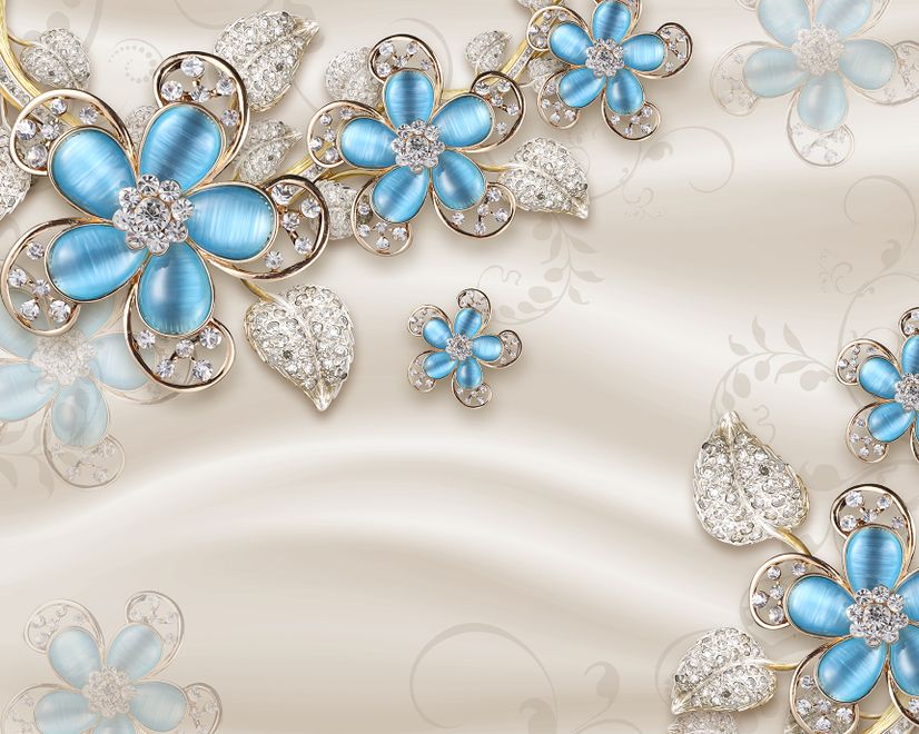 Blue Floral with Jewellery Leaf Wallpaper Mural