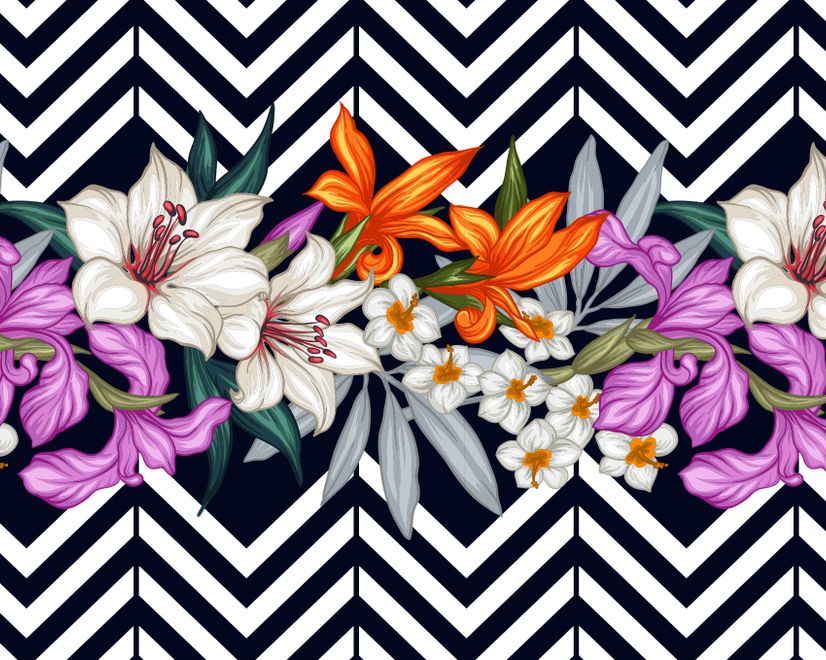 Colorful Flowers with Black White Stripe Patterned Wallpaper Mural