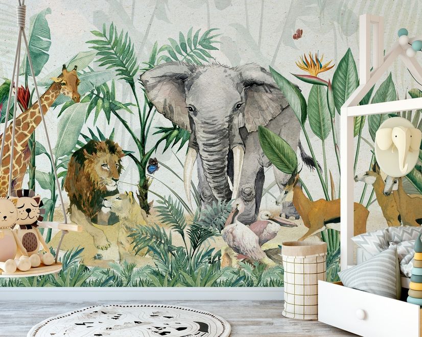 Kids Tropical Safari Animals with Green Leafs Wallpaper Mural