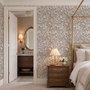 Greige botanical wallpaper with white watercolour flowers, buds, seed heads and acanthus leaves