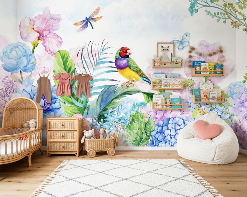 Hydrangea and Peony with Parrot Wallpaper Mural