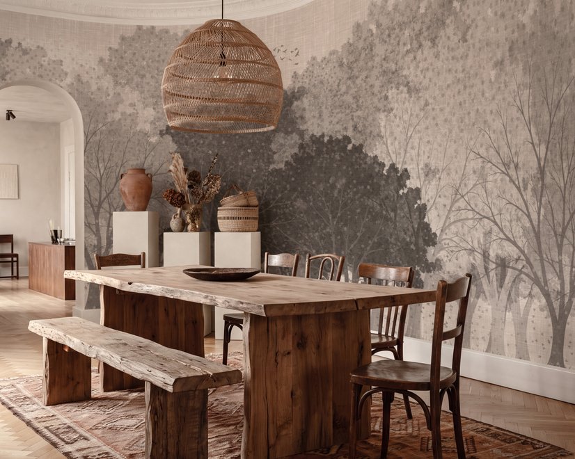 Misty forest nature wallpaper mural in greige, taupe and charcoal watercolour with birds