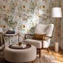 Watercolour floral wallpaper with sage leaves, blush and ochre flowers on a white ground