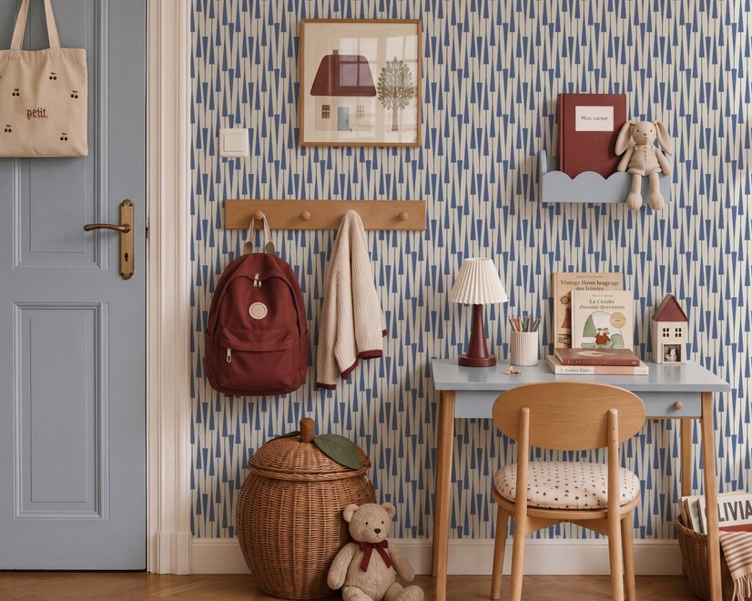 Cream colored wallpaper with denim blue geometric totem stripe repeat on a linen texture ground