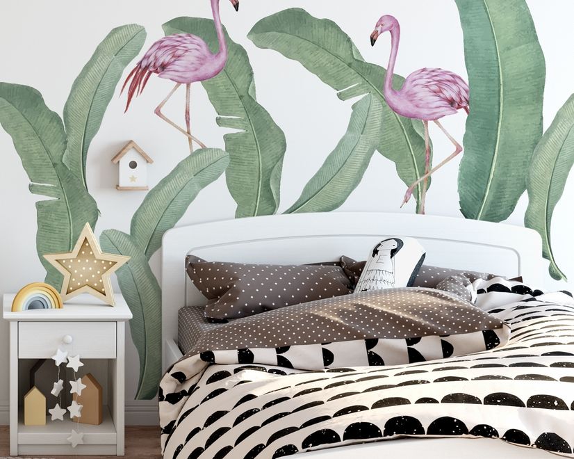 Kids Pink Flamingo and Green Banana Leaves Wall Decal Sticker