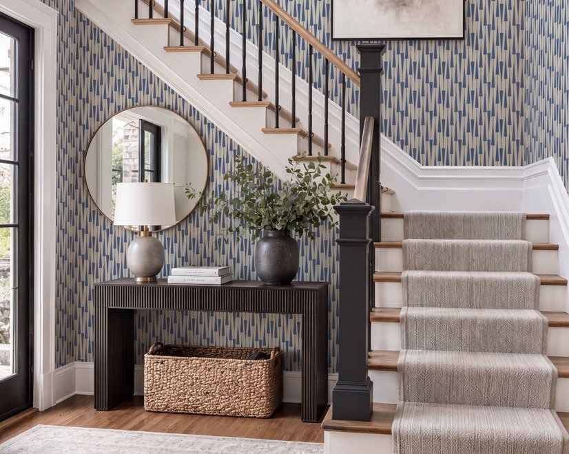 Cream colored wallpaper with denim blue geometric totem stripe repeat on a linen texture ground