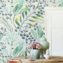 Papier peint branches feuilles vertes baies