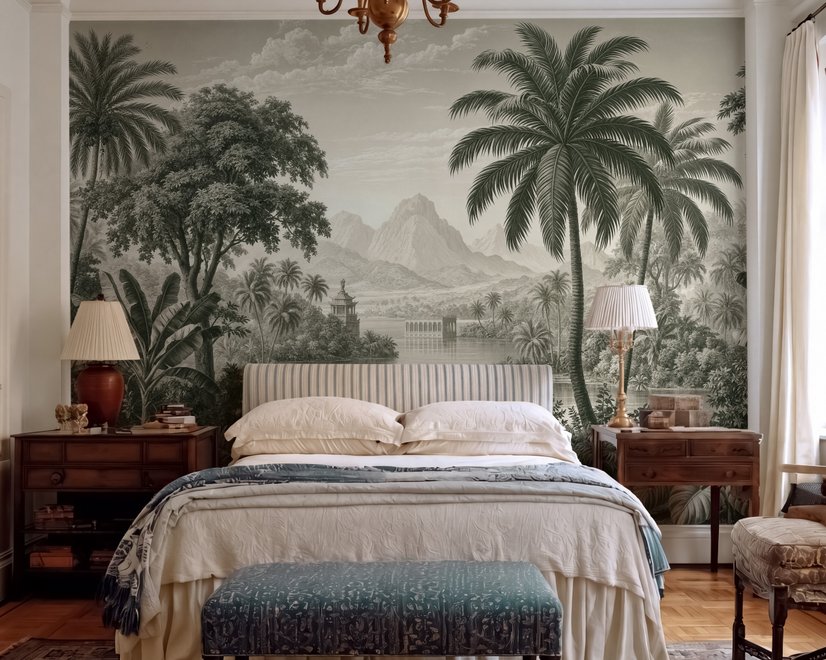 Sepia tropical landscape wallpaper with palms, banana plants, lagoon, bridge and mountains