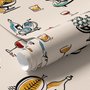 Bar area wallpaper with hand drawn cocktails, liquor bottles, citrus and fruit bowls on warm cream