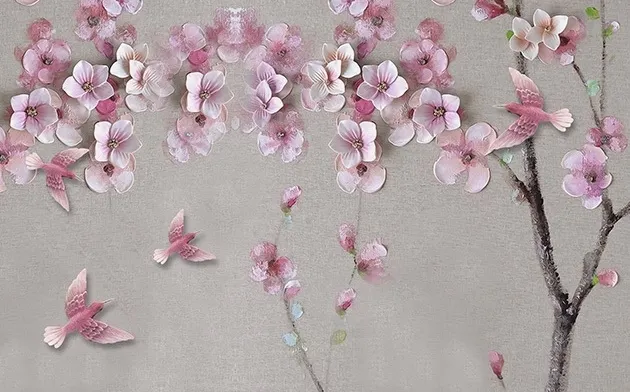 Papier peint panoramique fleurs de cerisier avec oiseaux roses