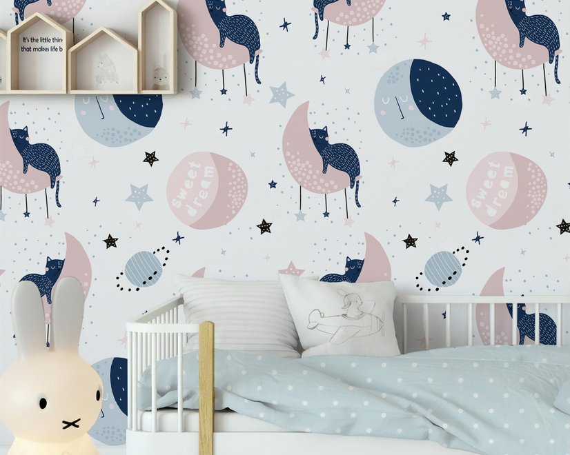 Cute Sleeping Cat on the Moon Wallpaper Mural