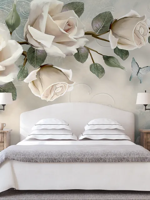 Beautiful White Roses and Butterflies Wallpaper Mural