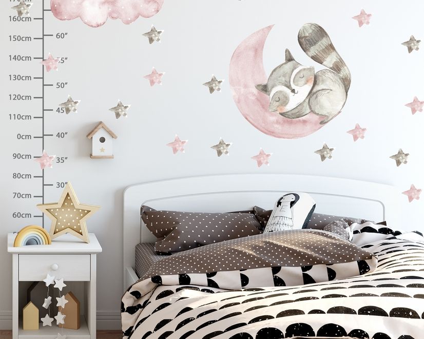 Stickers muraux raton laveur mignon et étoiles roses grises aquarelle pour enfants et bébé