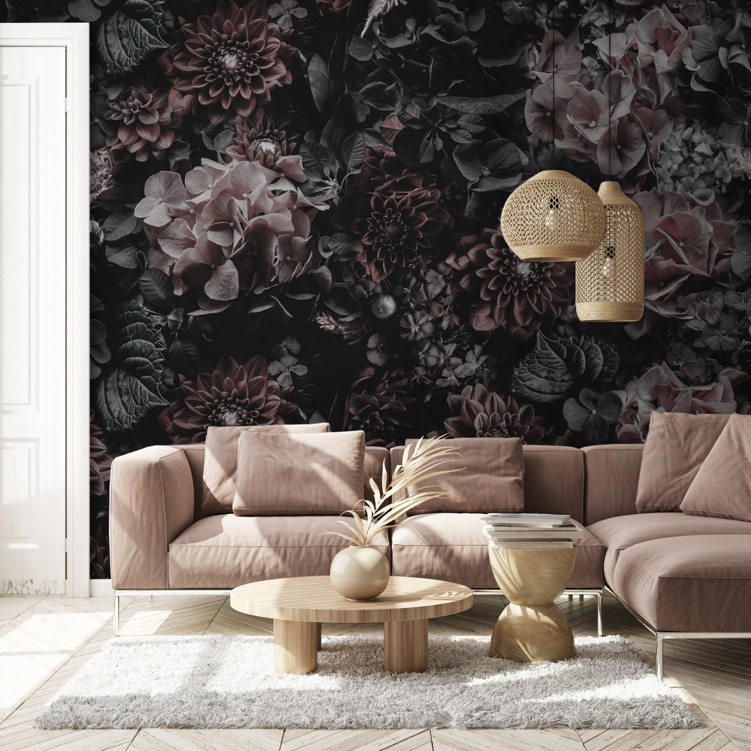Dark Floral Hydrangea Wallpaper Mural - Peel and Stick