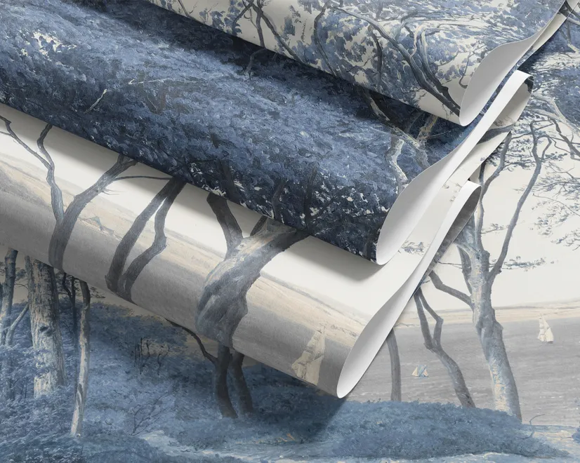 Blue forest background wallpaper mural with coastal trees, sea water and small white sailboats