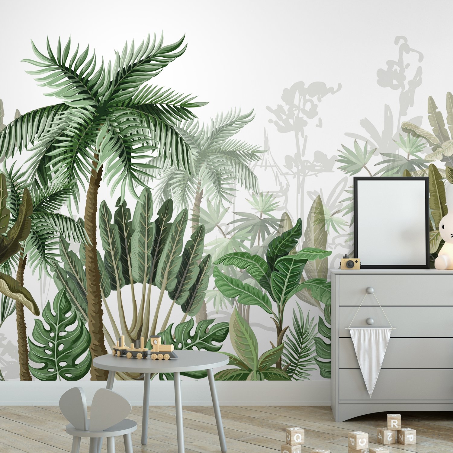 Tropical Cartoon Palm Tree and Banana Leaves Wallpaper Mural - Peel and Stick