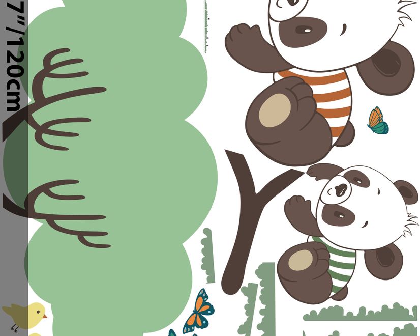 Panda and Her Cubs on the Tree with Butterfly and Birds Wall Decal Sticker