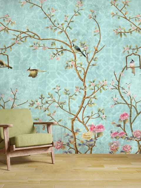 Vintage Kleine Blumen und Vögel Fototapete