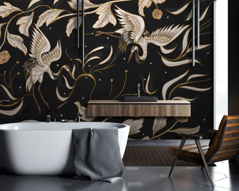 Dark Crane Birds and Brown Retro Florals Wallpaper Mural