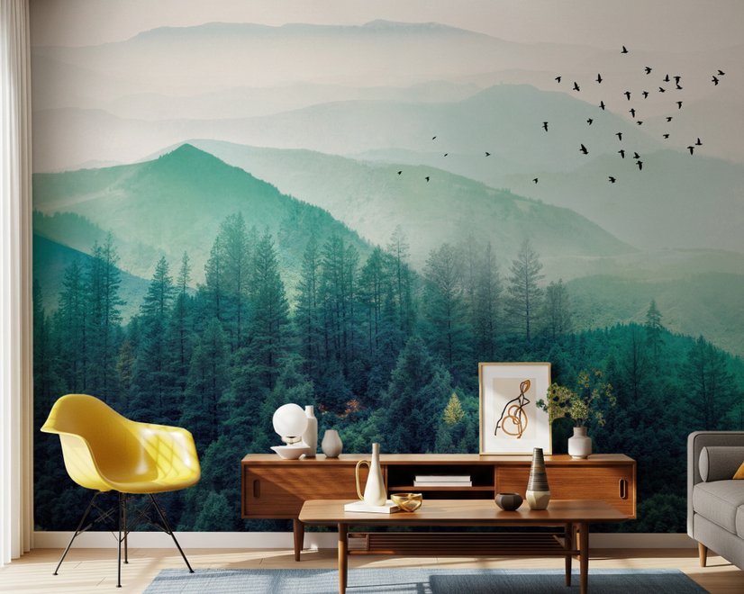 Misty Green Forest with Birds Wallpaper Mural
