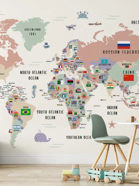 Papier peint carte monde colorée drapeaux enfants