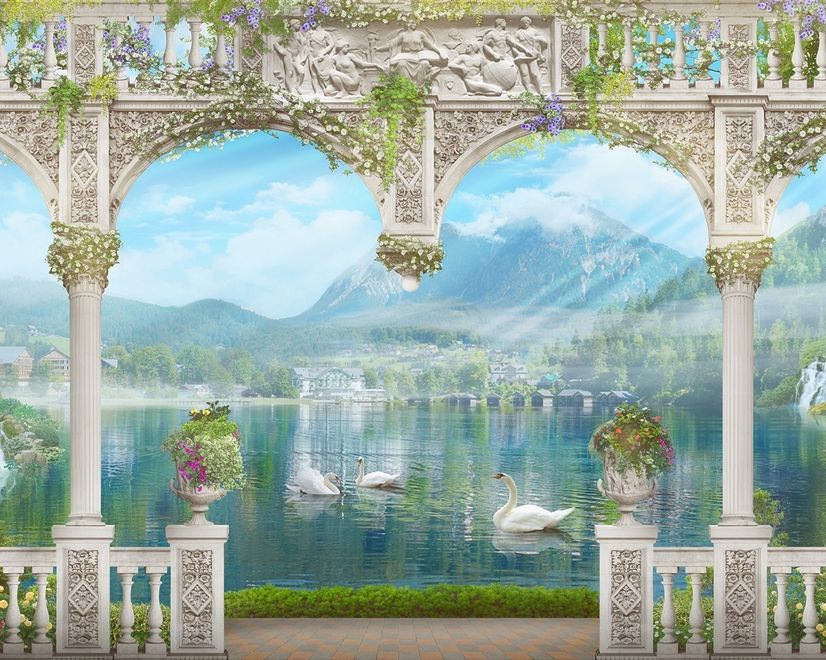 Lake Landscape on the Swan with European Style White Arches Wallpaper Mural