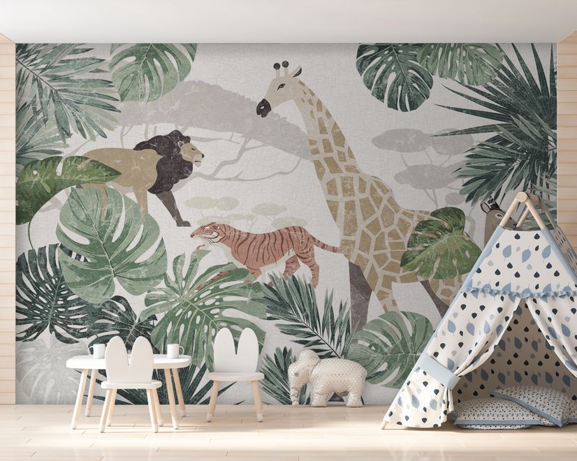 Retro Wild Animals with Tropical Leaves Wallpaper Mural