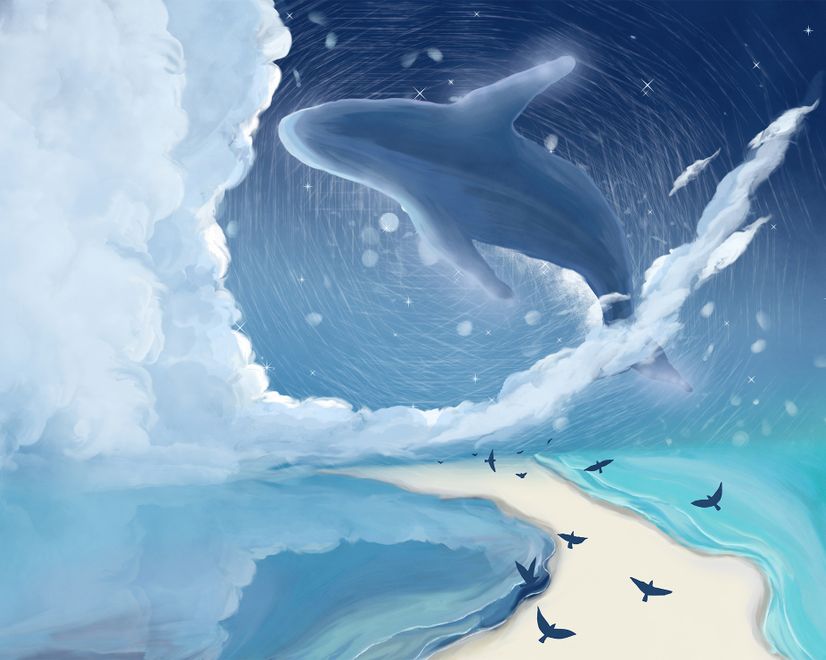 Cartoon Whale with Nightscape Wallpaper Mural