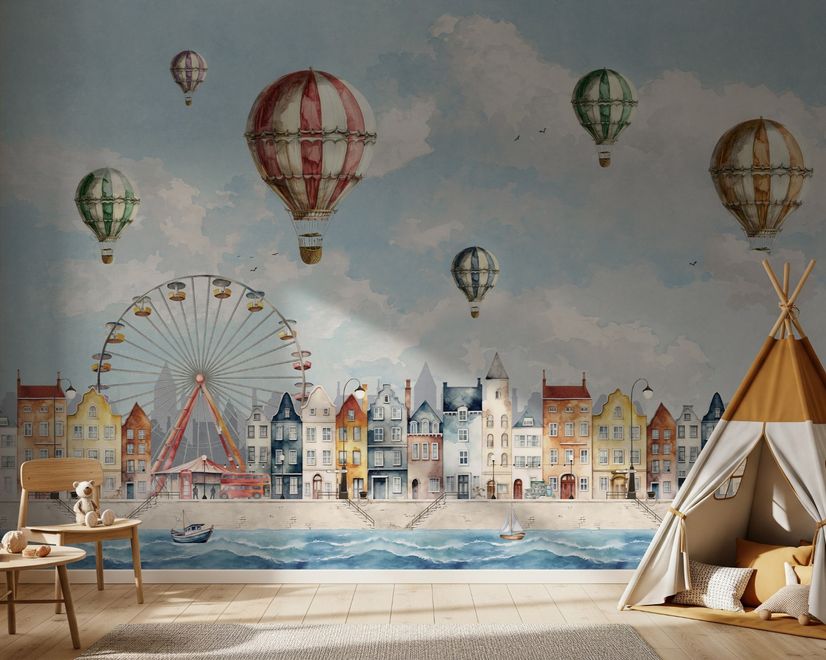 Kids Harbor Village and Hot Air Balloons Wallpaper Mural