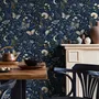 Midnight navy moody botanical wallpaper with lavender butterflies, ivory moons, gold stars, flowers and mushrooms