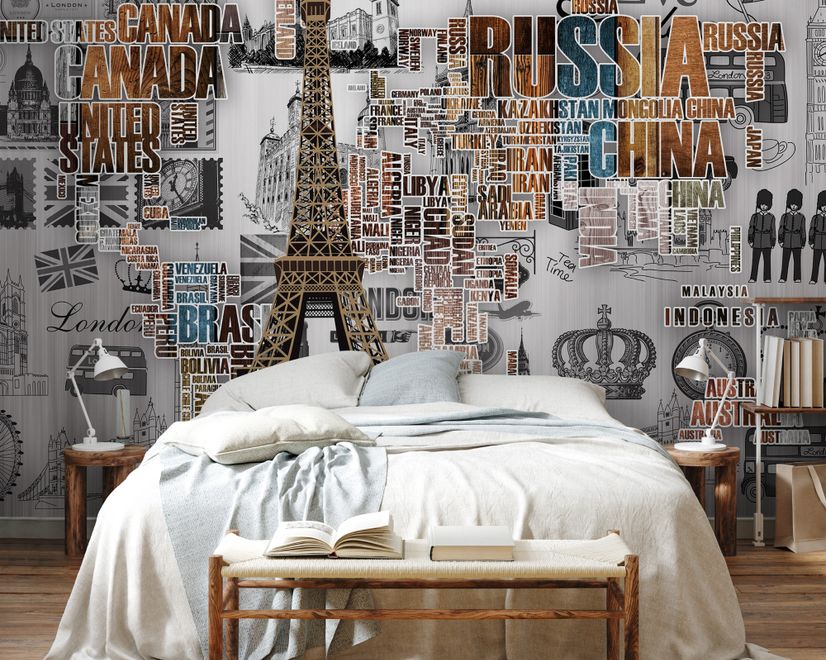 Papier peint panoramique typographie pays et Tour Eiffel