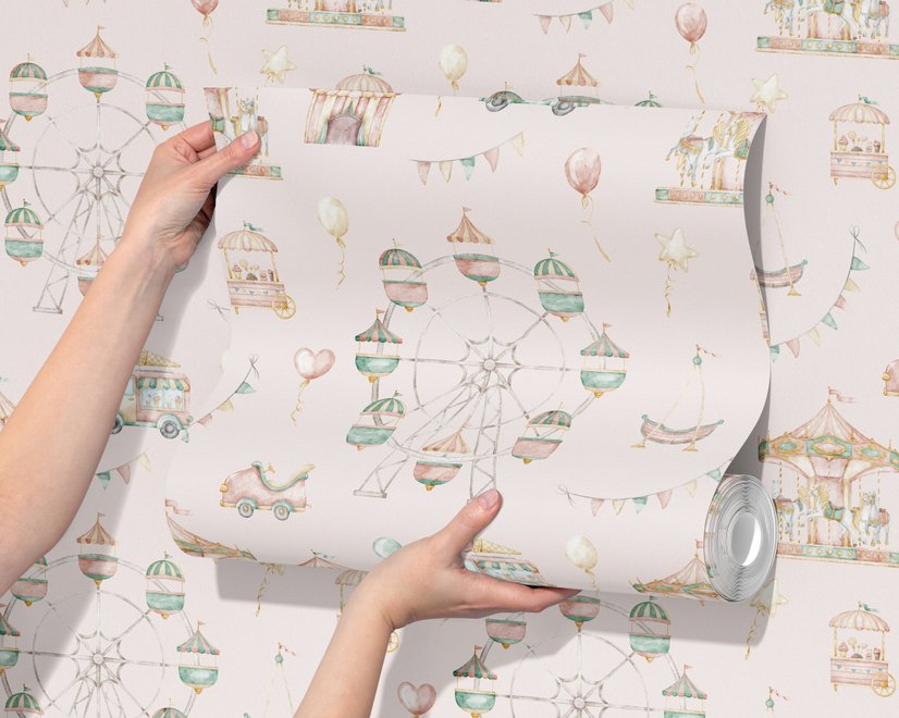 Children's playroom wallpaper with pastel Ferris wheel, carousel horses, tents and balloons on blush pink