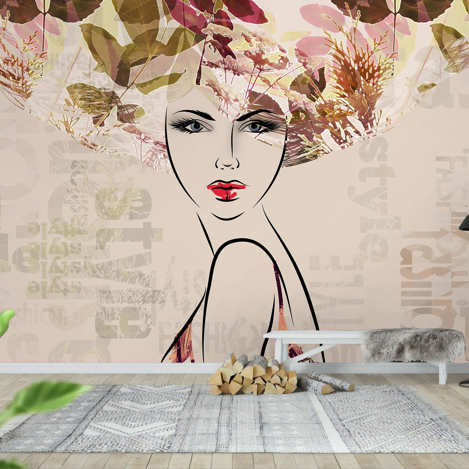 Woman Face Art with Winter Leaf Wallpaper Mural - Peel and Stick