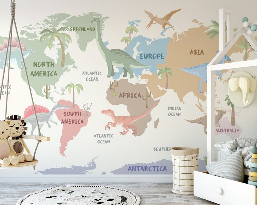 Kids Dinosaurs World Map Wallpaper Mural