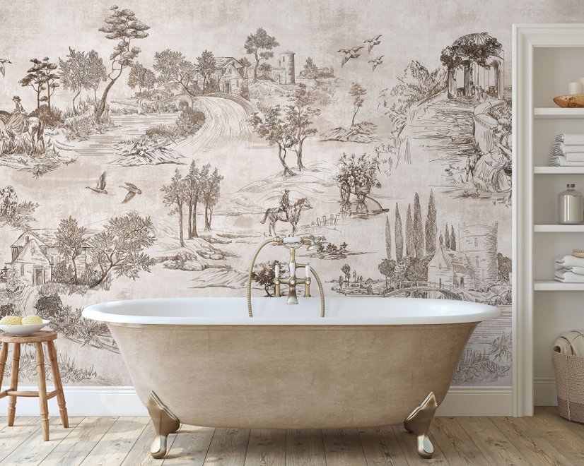 Papier peint panoramique vintage monochrome de style Jouy