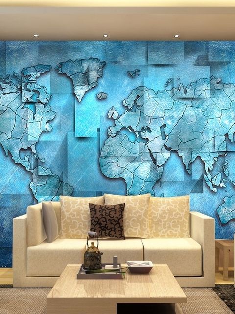Papier peint panoramique carte du monde bleue effet 3D