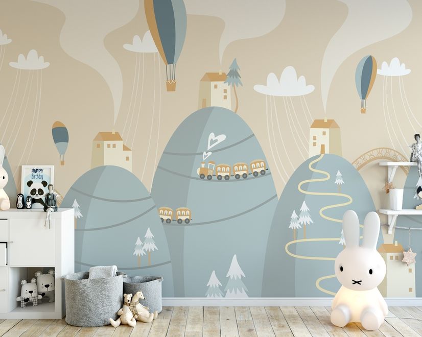 Soft Hot Air Balloon with Little Home Wallpaper Mural