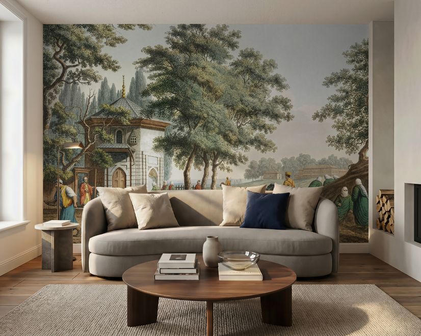 Vintage Rural Landscape with Village Folk Wallpaper Mural